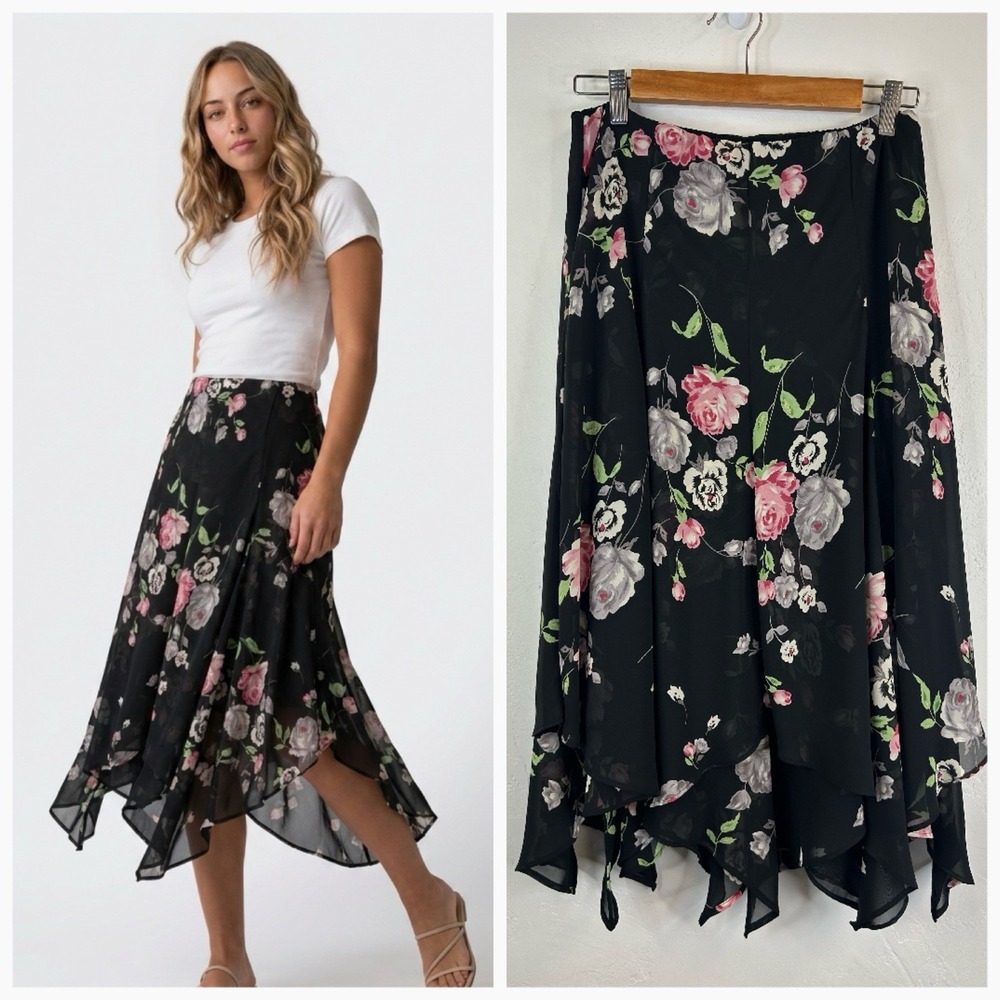Y2K Romantic Handkerchief Hem Flowy Skirt Size S Black Floral Fairy Feminine